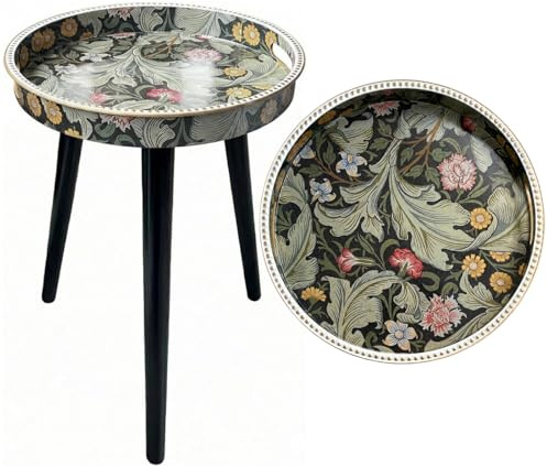 Zosenley 13 Small Round Side Table, William Morris Patterned End Table, PP Tray & Moisture-Proof Pine Legs, Vintage Nightstand for Living Room/Bedroom, Bohemian Home Decor (Indoor Use) (33 Morris)