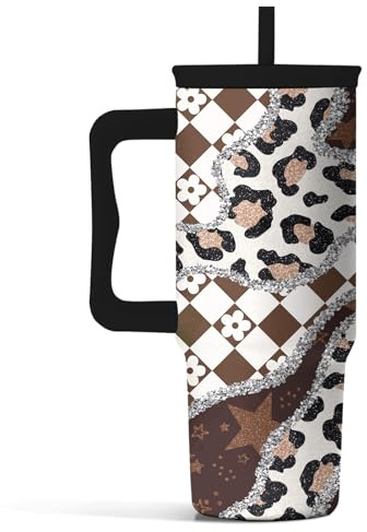 HYMONA Leopard Print Tumbler 40oz with Handle and Straw - Animal Print Coffee Cup for Women, Wild Print Travel Mug, Insulated Spill Proof Cup, Cute Water Bottle