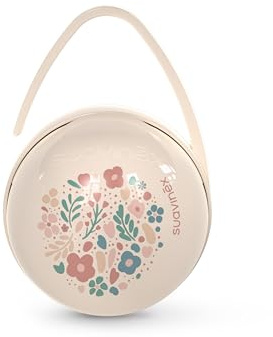 Suavinex, Schnullerbox für Babys, zur getrennten Aufbewahrung von 2 Schnullern, mit praktischer Schlaufe zur Befestigung an Tasche, Kinderwagen oder Babybett, Hygienebox, Schnullertasche, Beige Floral