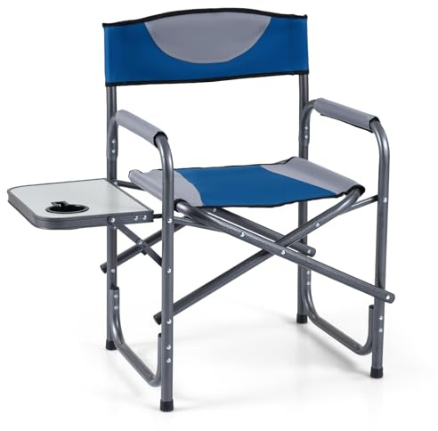 COSTWAY Regiestuhl klappbar, Campingstuhl mit Seitentisch & Getränkehalter, gepolsterter Angelstuhl, bis zu 180 kg belastbar, tragbarer Klappstuhl für Camping, Picknick & Festival (Blau)