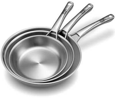 SNOWCLAD Edelstahlpfanne Set 3-teilig, 20&24&28CM, Edelstahlpfanne unbeschichtet, Pfanne Induktion, Universalpfanne, Alle Herdarten Geeignet, Ofen- und Spülmaschinenfest