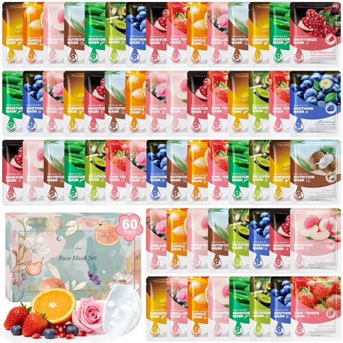 Masque Visage Hydratants, Coffret Cadeau Femme de 60 Masques Tissu Visage | 10 parfums Beauté Femmes Masque visage, soin visage, cadeau masque hydratant visage pour Fille, Noël Anniversaire fête au spa
