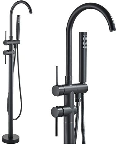 Ari Freistehende Badewannenarmatur SLIM TUBE Bodenmontage Badewannenmischer mit Wasserfall Auslauf 360 Grad Drehbar inkl Handbrause und Keramikventil aus Messing Wannenarmatur (Schwarz)