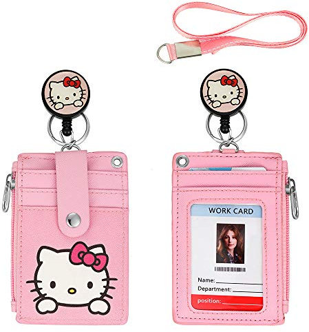 Niedlicher Ausweishalter, einziehbares Schlüsselband mit robustem Karabiner, 1 transparentes Ausweisfenster und 4 Kartenfächern auf 2 Seiten, für Studenten, Teenager, Mädchen, Frauen (01 rosa Katze)