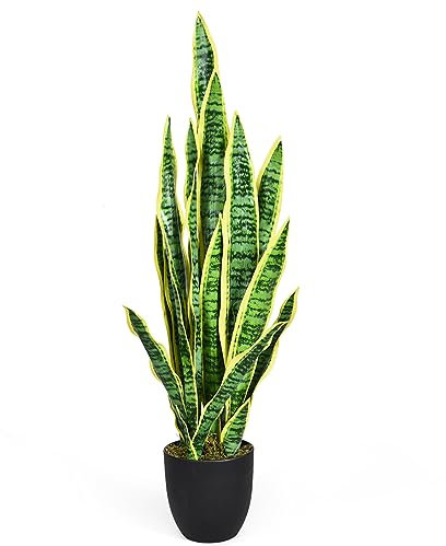 COSTWAY Pianta Artificiale da 90 cm, Sansevieria Finta con 20 Foglie e Vaso, Pianta Artificiale per Salotto, Camera da Letto e Balcone