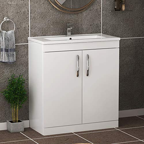 800mm Floor Standing Bathroom Vanity Unit Mid Edge Basin 2 Doors Storage Cabinet Furniture - Gloss White