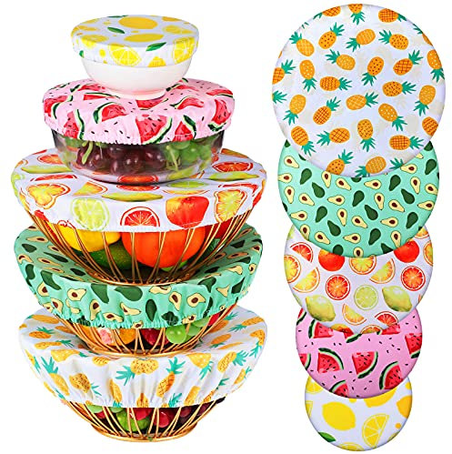 Patelai 10 Pcs Bowl Covers Reusable in 5 Size Stretch Cloth Fabric Elastic Food Storage Bowl Covers Bread Sourdough Lids for Proofing Food Fruits Leftover(Summer Style)