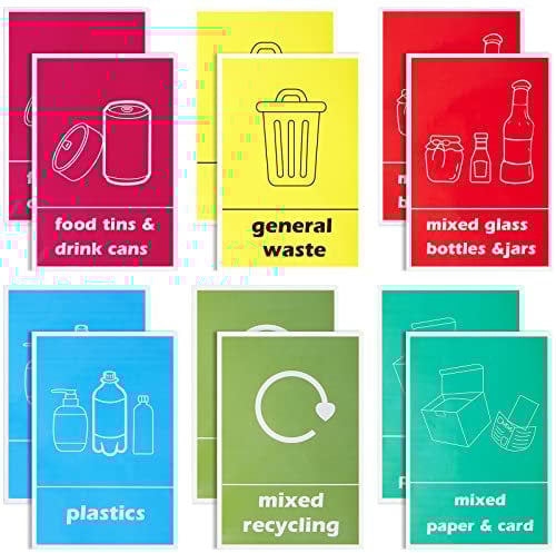 Clabby 12 Pieces Multi Recycling Bin Sticker Trash Recycle Sticker Waste Sorting Decal Sticker Sign Recycling Signs Self-Adhesive Garbage Recycle Labels for Trash Can Kitchen Home Favors