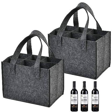 FGXY 2 PCS Wine Carrier Bags - 6 Bottle Felt Bags w/ Flexible Divider, Carry Handle - Grey