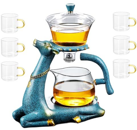 Mozeo Juego de té de vidrio Kungfu resistente al calor con calentador magnético de desviación de agua cubierta giratoria tazón perezoso Semi-automático de vidrio de ciervo con 6 tazas de té (C#)
