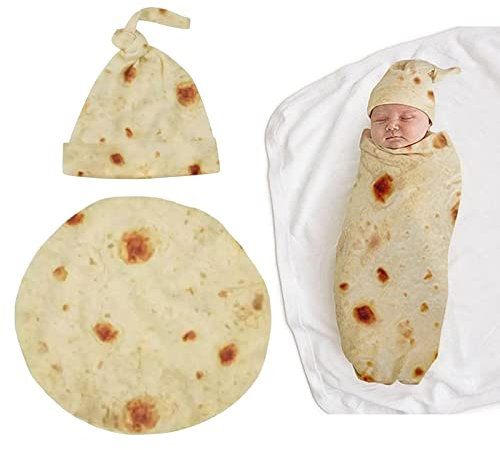 Petyoung Newborn Baby Wrap Burrito Swaddle Blanket with Hat Set, Soft Tortilla Pattern Blanket Gift for Baby Shower