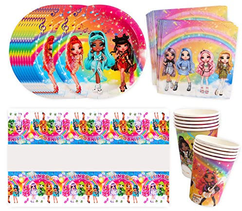 Regenbogen Puppe Partygeschirr Kindergeburtstag, 41Pcs Mädchen Geburtstag Party Set, Cartoon Partyzubehör, Rosa Puppe Geburtstagsdeko, Servietten Pappteller Tischdecken Pappbecher, für Party Deko