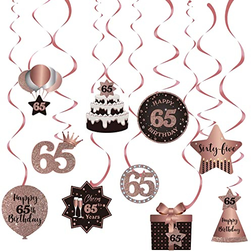 Happy 65th Birthday Party Hängende Wirbel Bachläufe Deckendekorationen, Feier 65 Folie hängende Wirbel mit Aussparungen für 65 Jahre alt Rose Gold Geburtstag Party Dekorationen Supplies