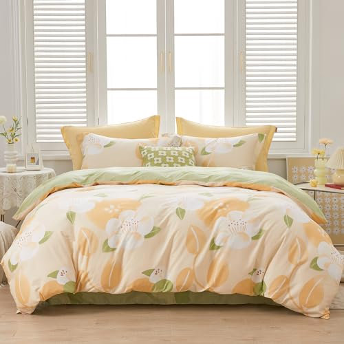 SAPHREAS Bettwäsche 200x220 Baumwolle Bettwäsche Set Kuschelige Weich Blumen Bettwäsche 3teilig 1 Gelb Bettbezug 200x220 cm mit Reißverschluss + 2 Kissenbezüge 80x80 cm