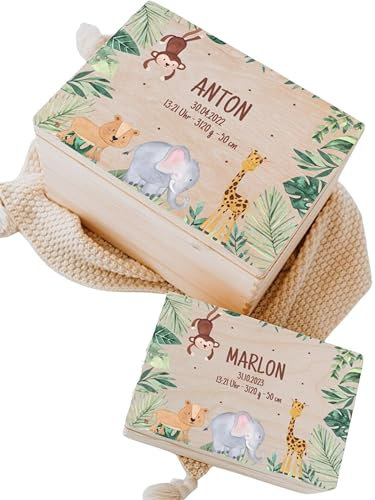 wunderwunsch - Personalisierte Erinnerungsbox Baby mit Hochwertigem UV-Farbdruck (Tiere Dschungel, M-Klappdeckel)