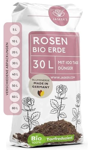 Bio Rosenerde 30 L - Blumenerde für Rosen aus 40% weniger Torf - Pflanzerde Rosen - Rosenerde für Kübel mit Dünger - Erde für Pflanzen - Rosen Anzucht Erde - Erde für Rosen - Rosen Erde