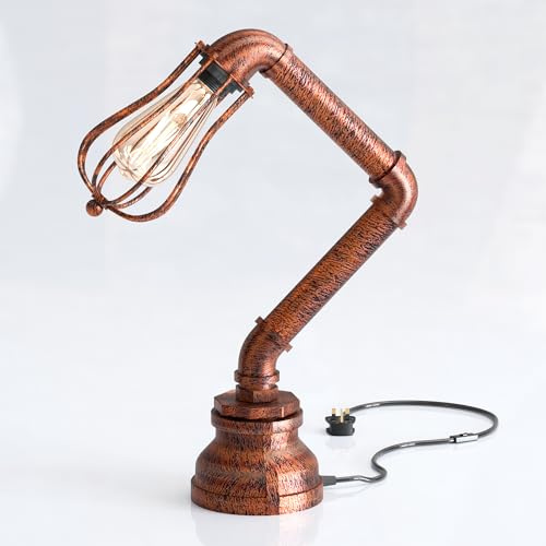 DC VOLTAGE Vintage-Stil Schreibtischlampe Kreative Wasserrohr-Tischlampen, Industrielle Steampunk-Retro-Basis E27-Halterung Passende Beleuchtungsvorrichtung (Rustic Red + Cage)
