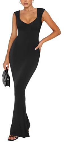 REORIA Women Summer Casual Lounge Long Dress Elegant Wedding Guest Cap Sleeve Sexy Square V Neck Ribbed Bodycon Maxi Dresses Black Large