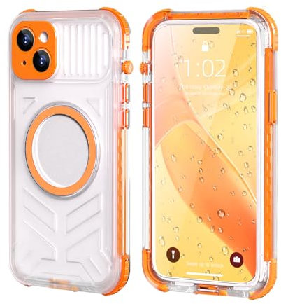 nincyee Waterproof Magnetic Case for iPhone 15 Plus,4 in 1 Water/Dirt/Snow/Shockproof Contrasting Colors Magnet Attraction Bumper Shell Case Orange
