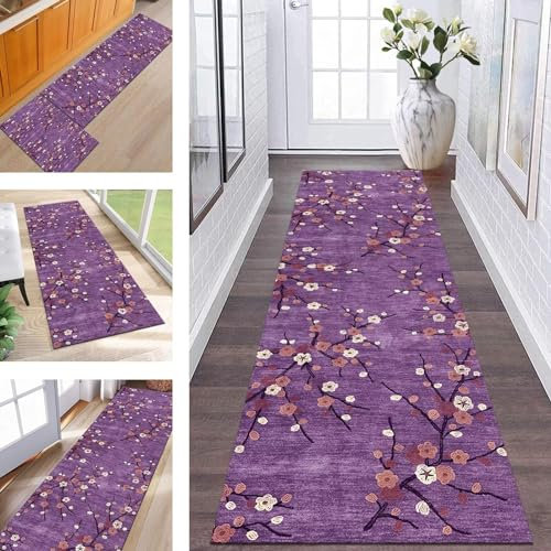 ZESEWU Teppich Läufer Flur Küche Waschbar rutschfest Korridor Teppichmatten 50X200CM Violett Vintage Lang Küchenteppich Flurteppich Schlafzimmer Esszimmer Polyester Teppichläufer Meterware Anpassbar