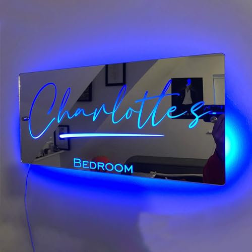 Personalisierbarer beleuchteter Spiegel, LED-beleuchteter Namensspiegel, 12 Farben, personalisierter Nachnamen-Spiegel, Wanddekoration, großes Neonlicht-Logo