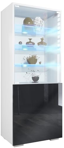 Vladon Vitrine Granada, Made in Germany, Vitrinenschrank mit Glastür und Glaseinsatz inkl. LED, Weiß matt/Schwarz Hochglanz (50 x 122,5 x 34,5 cm)