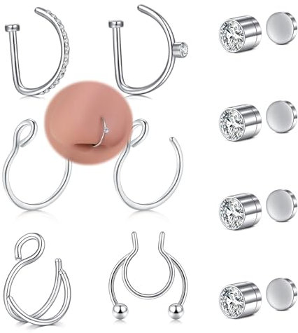 QSKISS 10er Set Faux Piercing - Silber, 18G, Magnet, Edelstahl, Modern & Klassisch, 1g, Piercing Schmuck für Damen & Herren