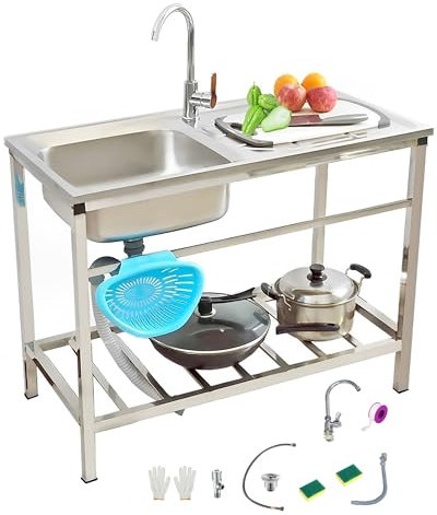 Fregadero Industrial Comercial Fregadero Cocina 1 Seno Con Grifo Y Cepillo Esponja Fregadero Exterior Jardin Con Banco De Trabajo Fregadero Independiente Fácil De Montar Para Lavadero Garajes Baño