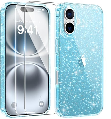 AROYI 3 in 1 Clear Glitter Case Compatible with iPhone 16 Plus Case with 2 Tempered Glass Screen Protector, Soft Bumper Anti-Scratch Sparkle Bling Women Girls Phone Case for 16 Plus 6.7, Blue