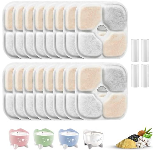 Lot de 16+4 Filtres pour Fontaine À Eau Applicable À Catit Pixi, Triple Système De Filtration, Filtre De Rechange avec Résine Et Charbon Actif Adoucit Efficacement l'eau Et Élimine Les Impuretés