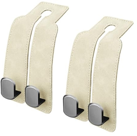 FT FUNTOR Car Hooks,2 Pcs Universal Leather Car Seat Back Storage Hook,Multifunctional Metal Headrest Hooks for Handbags Mobile Phone Wallets Umbrella (Beige+Beige)