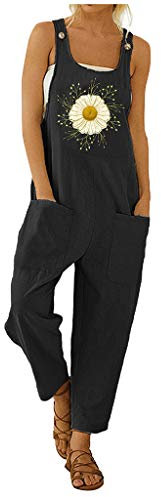 YIzdegg Floral Pattern Dungarees Women's Summer with Pockets Jumpsuits Garden Work Wear Adjustable Straps Romper Dungarees Wide Leg Breathable Work Trousers Jumpsuit Sleeveless Beach Dress, black, L