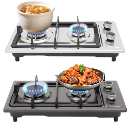 soudesileim Tragbare Gasherd 2 Flammig mit Druckreduzierventil, Mitgelieferter Umrüstdüse, 1.3m Schlauch, 51×31×10cm, 3kw+1,75kw Brenner, Gaskocher Camping, Gaskochfeld Outdoor (Silber)