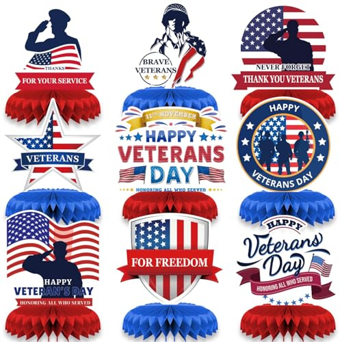 LOONELO Veterans Day Waben-Tischaufsätze, 9 Stück, 3D-Tischaufsätze, Happy Verterans Day, patriotische Tischdekorationen in Rot, Weiß, Blau, Tischdekoration für Dankeschön, Veteranen, amerikanische