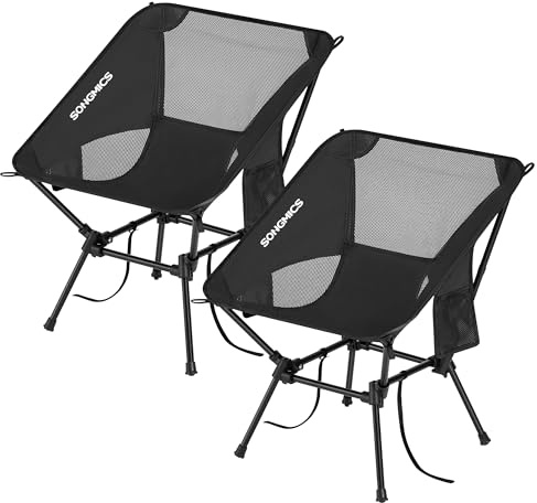 SONGMICS Sedie da Campeggio, Set di 2 Sedie da Esterno, Altezza Regolabile, Struttura in Acciaio, Portata 150 kg, 2 Tasche, per Campeggio, Viaggi, Nero GCB052BZ01