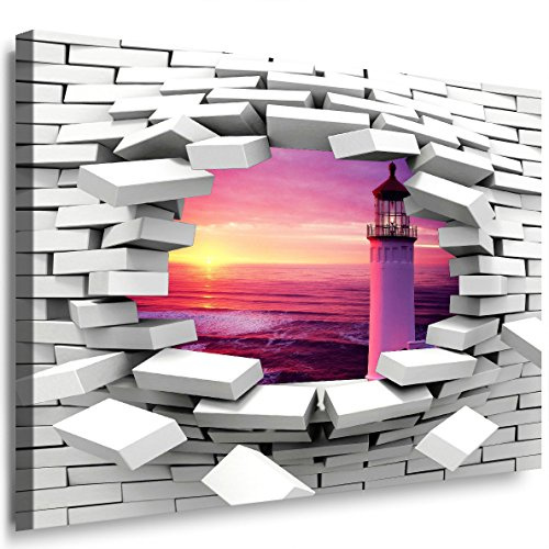 Julia-Art Leinwandbilder - Meer mit Leuchtturm Violet Bild 1 teilig - 150 mal 100 cm Leinwand auf Rahmen - sofort aufhängbar Wandbild XXL - Kunstdrucke QN130-7