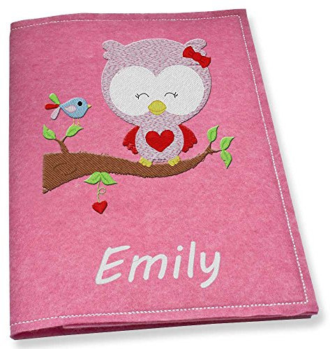U-Heft Hülle bestickt mit Name Eule Vogel hellgrau dunkelgrau Untersuchungshefthülle (pink)