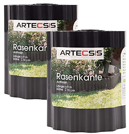ARTECSIS 2X Rasenkante aus Kunststoff, 9 m x 15cm, Anthrazit, gewellt, Umrandung für Beete, Beeteinfassung, Rasenbegrenzung