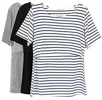 Smallshow 3 Pcs Maternity Nursing T-Shirt Nursing Tops White Stripe-Black-Grey Medium