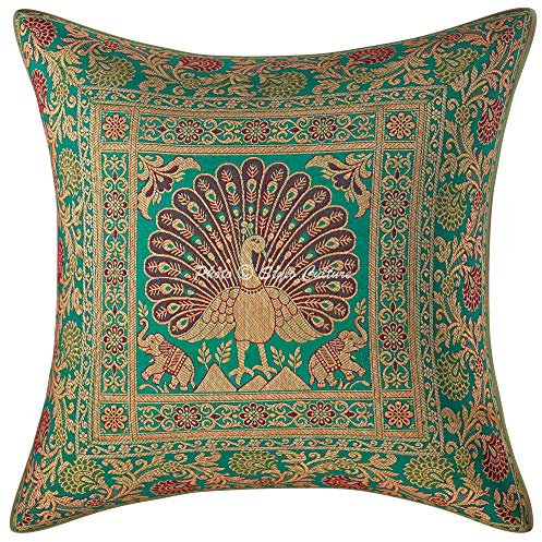 Stylo Culture Boho Fundas De Almohadones Decorativa 40x40 cm Brocado De Seda Pavo Real Forros para Cojines Sofa Verde Esmeralda Jacquard Cuadrado Cremallera Fundas Almohadones para Sillas - 1 Pc