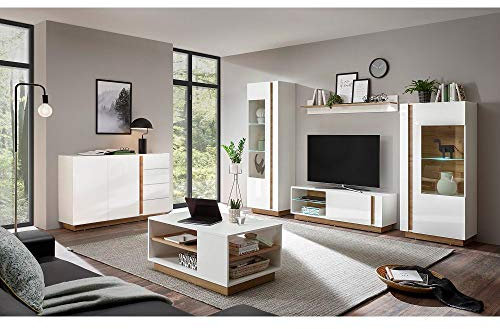 Lomadox Wohnwand-Set mit Couchtische und Anrichte in weiß Glanz mit Grandson Oak Eiche Nb., B/H/T ca. 290/194/40 cm
