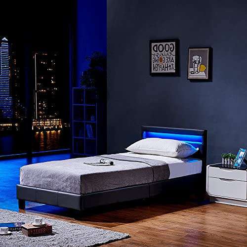 Home Deluxe - LED Bett Astro - Dunkelgrau, 90 x 200 cm - Inkl. Lattenrost I Polsterbett Design Bett inkl. Beleuchtung