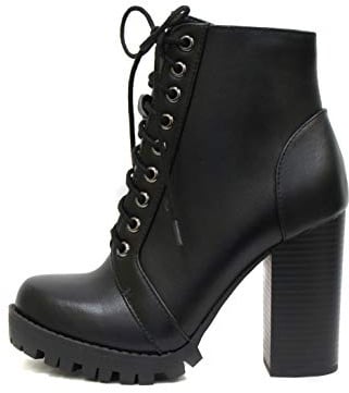 Soda Chalet – Fashion Lace up Military Inspired Ankle Boot with Stacked Heel and Side Zipper (Black, 8)