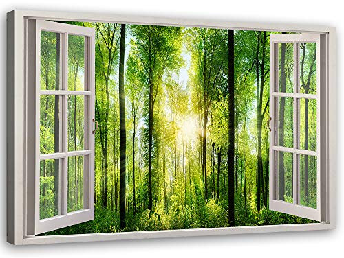 Febby Vlies Leinwandbild XXL Wald Sonnenstrahlen 60x40 cm Wandbild Kunst Bilder Schlafzimmer Deko Wohnzimmer Fenster Illusion 3D Grün
