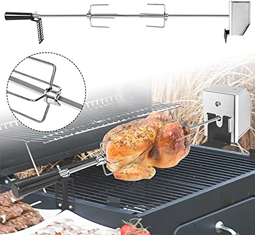 Aufun Grillspieß Set, inkl. 4 x Fleischklammer, 1 x Motor, elektrischer Edelstahl Drehspieß (Motor 220-240V）, 107cm, für BBQ Rotisserie, Drehspiess und Gasgrill