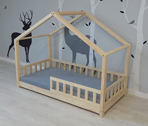 Best For Kids Kinderbett Hausbett Kinderhaus mit Rausfallschutz Jugendbett Natur 90x200 mit 10cm Matratze