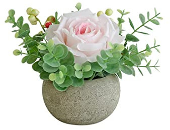 Rosscer Rose in vaso Decor Fiori artificiali in vaso Mini piante finte per interni piccole rose finte per casa, bagno, cucina, ufficio, centrotavola per feste di nozze rosa chiaro