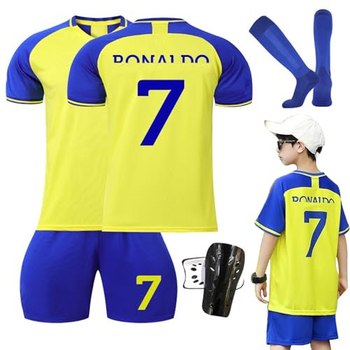 Ronronner Fussballtrikot, Fußball Set Kinder Heimtrikots/AuswäRtstrikots, Nr.7 Fußballtrikot Kinder Set, Fußball-Trainingstrikots für Jungen mit Socken und Schienbeinschoner (Gelb-A, 140-150)