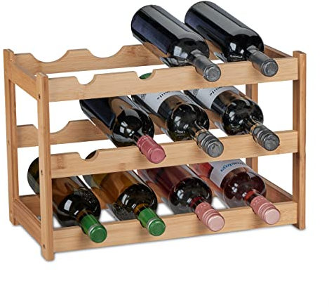 Relaxdays Botellero, Estante 12 Botellas, Vinoteca Bambú, Mueble Vino, Cocina y Bar, cm, Natural, 30 x 45 x 23,5 c