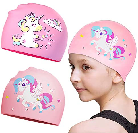 Gorro de natación para niños Pelo largo Buena elasticidad Gorro de natación Gorro de natación impermeable Gorro de natación Unicornio lindo Gorros de natación con estampado de silicona suave premium